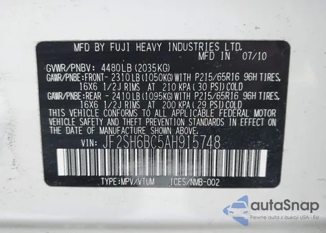 2010 Subaru Forester 2.5X z USA, uszkodzony, nr VIN JF2SH6BC5AH915748